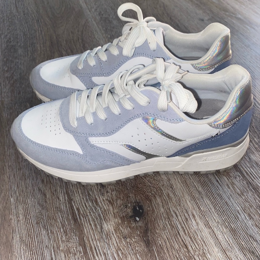 Gray, White and Blue Reebok Sneakers